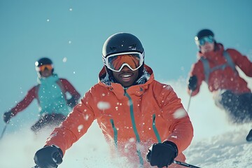 Young African American Men Skiing Down Snowy Slope With Joy and Determination