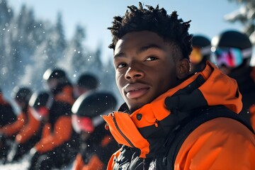 Young African American Men Skiing Down Snowy Slope With Joy and Determination