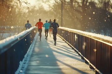 Young Male Athletes Jogging on Frosty Footbridge During Winter Morning