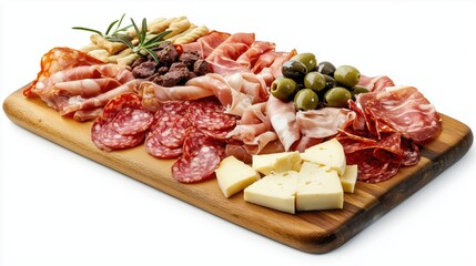 Obraz premium A wooden board with a variety of meats and cheeses on it. The board is placed on a white background