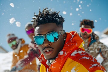 Young African American Men Skiing in Sync Down Steep Snowy Slope