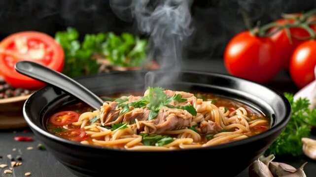 Tomato soup, chicken, and noodles.