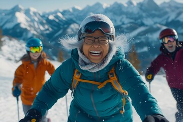 Multi-Generational Family Skiing Down Snowy Mountain Slope Together