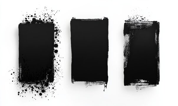 Black watercolor grunge stains and rectangle lines set with splashes, abstract banners