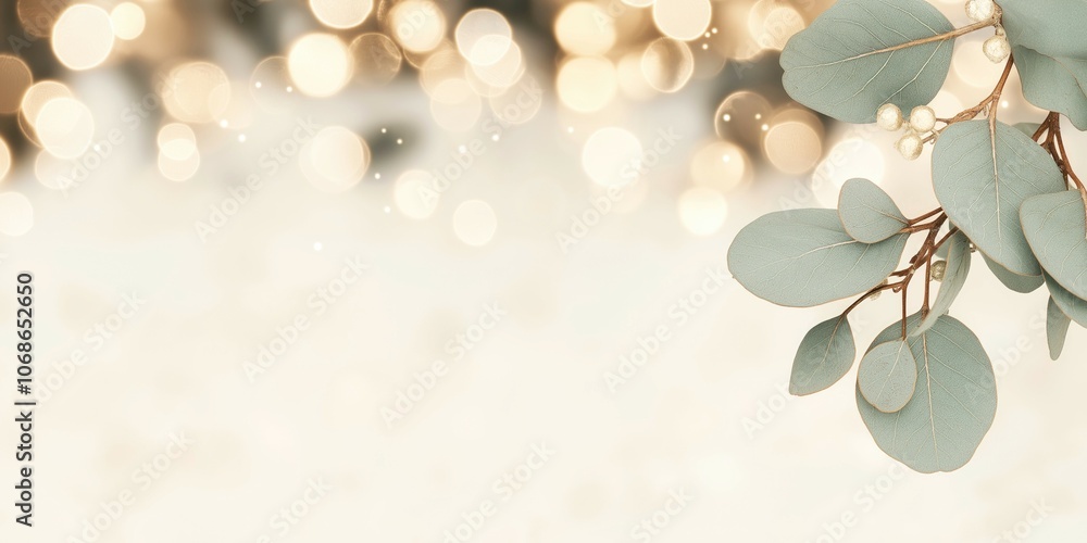 Poster delicate eucalyptus leaves against a soft blurred background of warm bokeh lights in gentle beige to