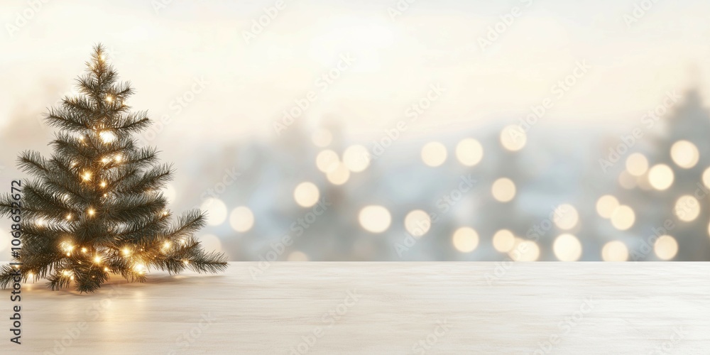 Aufkleber christmas tree with warm lights on wooden table against blurred background of colorful bokeh lights 