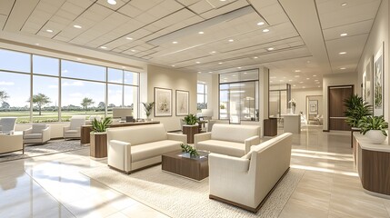 Fototapeta premium Bright and open office layout, minimalistic design, blank space, professional and modern