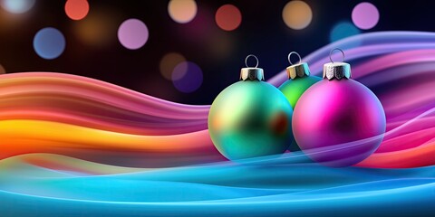 Modern holiday decorations featuring colorful shiny ornaments in green pink and blue shades with smooth flowing lines and a blurred bokeh background creating a festive atmosphere