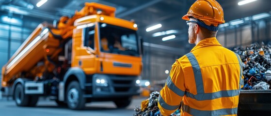 Fototapeta premium A worker in safety gear oversees an orange waste truck in an industrial setting, managing refuse disposal in a well-lit environment.