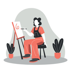 Flat Design Illustration of an Artist Painting on Canvas, Woman Creating Art in a Studio Setting. Vector Art Representing Creativity, Artistic Expression, and Hobby. Perfect for Art