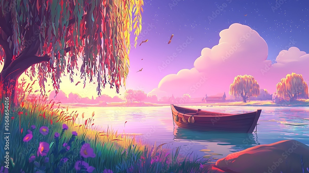 Wall mural Tranquil Sunset Landscape with a Boat on a Serene Lake.