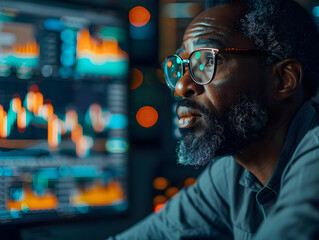 Photo Man Analyzes Stock Market Data on Multiple Screens