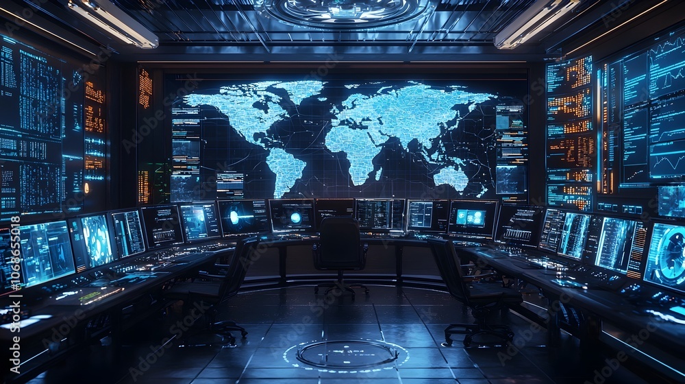 Poster futuristic control room monitoring global sentiment trends with color coded data visualization