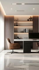 Sophisticated Minimalist Home Office with Monochromatic Color Scheme, Clean Lines, and Smart Storage Solutions