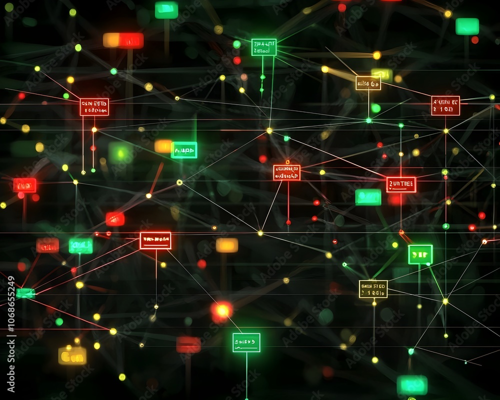 Poster glowing interconnected phrases with real time sentiment analysis algorithm hovering above