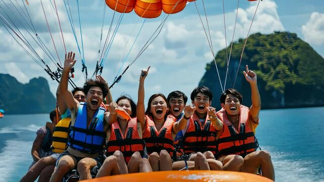 A group of people are riding on a raft with a parachute above them