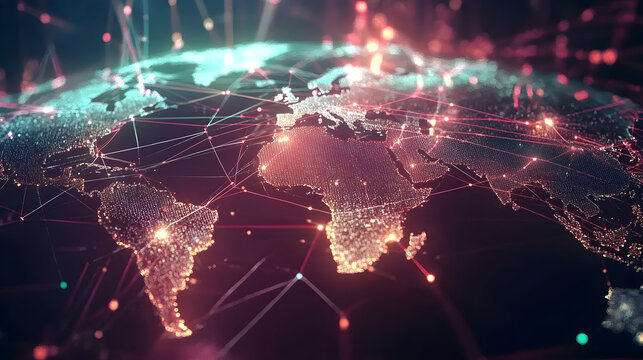 Abstract digital world map with global connection points, representing technology and connectivity   