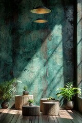 A minimal and elegant soft green background for product presentation with 3 round podiums.