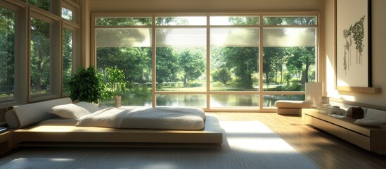 Fototapeta premium Modern bedroom with large windows overlooking a pond and trees.