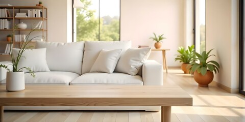 A cozy living room with a wooden coffee table, potted plants, and a comfortable white sofa in the foreground.