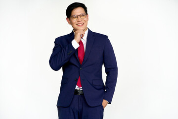 Asian businessman in formal blue navy suit stand and smile portrait on isolate white background.