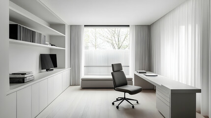 Fototapeta premium Sophisticated Minimalist Home Office with Monochromatic Color Scheme, Clean Lines, and Smart Storage Solutions