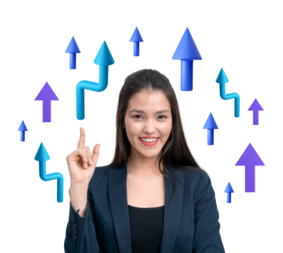 Businesswoman smiling and pointing up with blue and purple arrows around her on a white background. Concept of growth and success