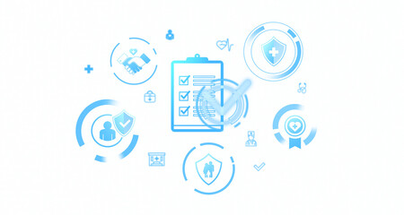 Blue health insurance icons with a center checklist clipboard on white background. Concept of health insurance services and protection