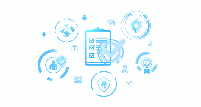 Blue health insurance icons with a center checklist clipboard on white background. Concept of health insurance services and protection