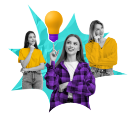 Three women posing in thoughtful expressions with a yellow lightbulb above on a blue geometric shape. Concept of idea and brainstorming