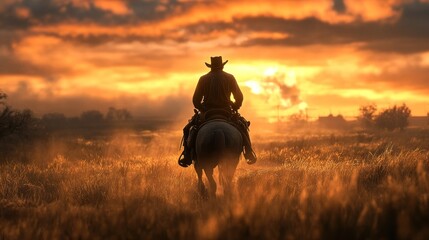Silhouette of a Cowboy Riding into the Sunset