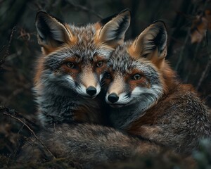 Obraz premium Pair of Frail Foxes Huddling Together in the Snowy Forest Struggling to Survive