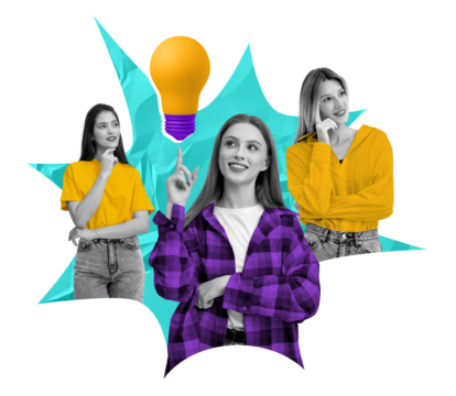 Three women posing in thoughtful expressions with a yellow lightbulb above on a blue geometric shape. Concept of idea and brainstorming