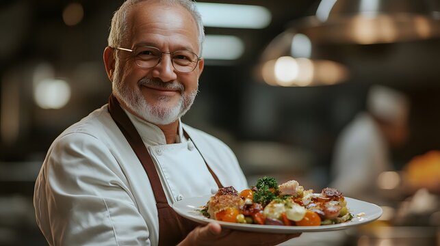 Chef presenting a beautifully arranged gourmet plate with a satisfied smile, symbolizing high food expectations and culinary excellence.