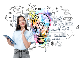 Woman holding a tablet and thinking with a colorful lightbulb and business doodles on a white background. Concept of idea and planning