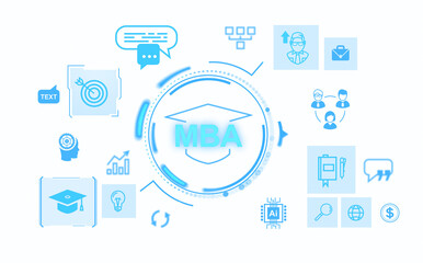 MBA education concept illustration with various icons representing study, business, and technology on a white background. Concept of MBA education and study