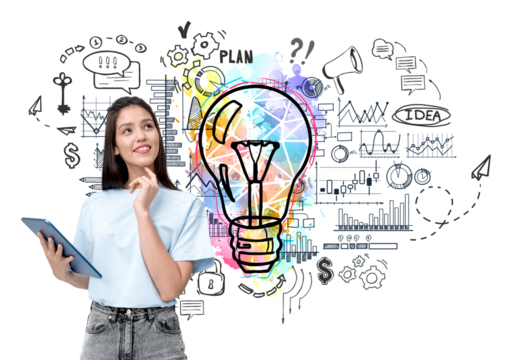 Woman holding a tablet and thinking with a colorful lightbulb and business doodles on a white background. Concept of idea and planning - Powered by Adobe