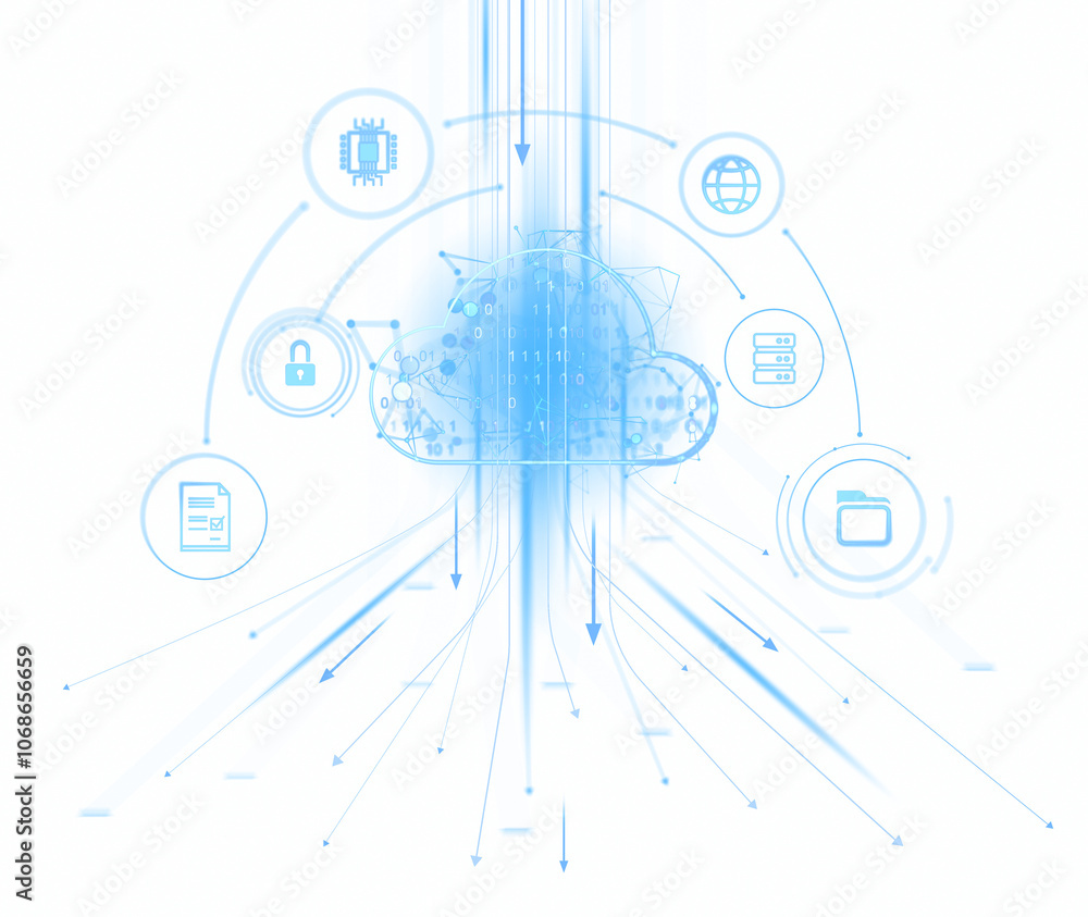 Poster cloud storage concept with blue technology icons and data streams on a clean white background. depic