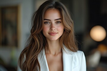 Obraz premium Confident young woman with natural makeup and long wavy hair in a white blazer smiling in a softly lit indoor setting Generative AI