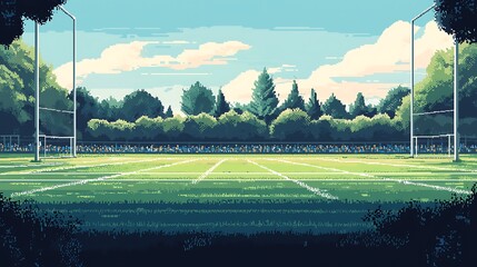 Fototapeta premium Pixelated View of a Soccer Field with Crowd in the Background.