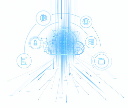 Cloud storage concept with blue technology icons and data streams on a clean white background. Depicts online data storage and security