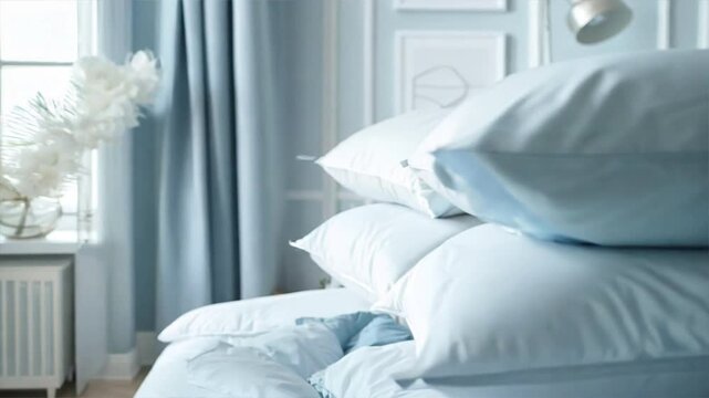 Cozy Bedroom Decor Soft Blue Pillows and Light Curtains Create Serene Atmosphere for Ultimate Comfort and Relaxation