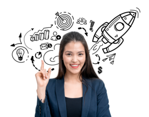 Businesswoman pointing up with startup doodles, including rocket and charts, on white background. Concept of success and new ideas
