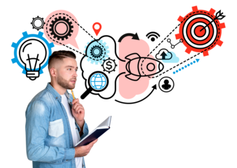 Thoughtful man holding a notebook, surrounded by startup concept icons such as rocket, lightbulb, and target, on a white background. Concept of success and new ideas