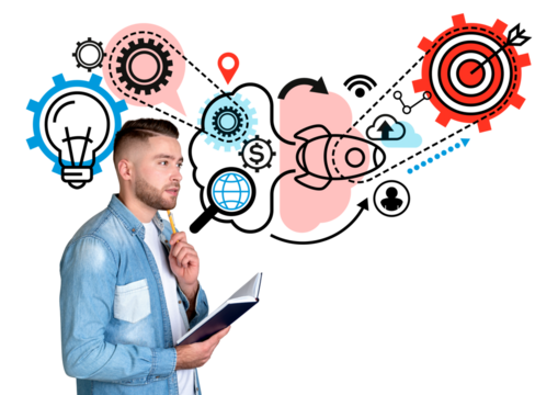 Thoughtful man holding a notebook, surrounded by startup concept icons such as rocket, lightbulb, and target, on a white background. Concept of success and new ideas