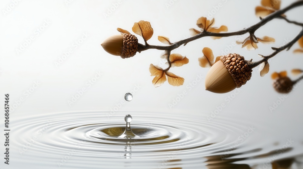Poster a drop of water falls on the table, with ripples forming in it, and an acorn branch floating above t
