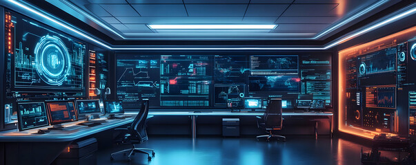 Fototapeta premium 3D Illustration Futuristic Data Center Monitoring Room