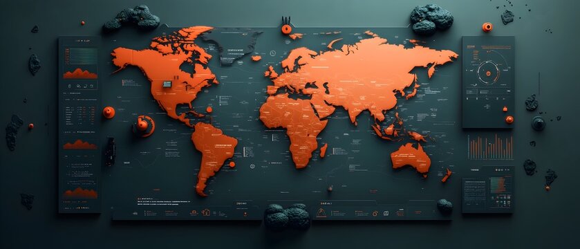 Cutting edge global trade monitoring platform featuring an immersive augmented reality world map live updates on supply chain metrics container ship tracking and international trade patterns