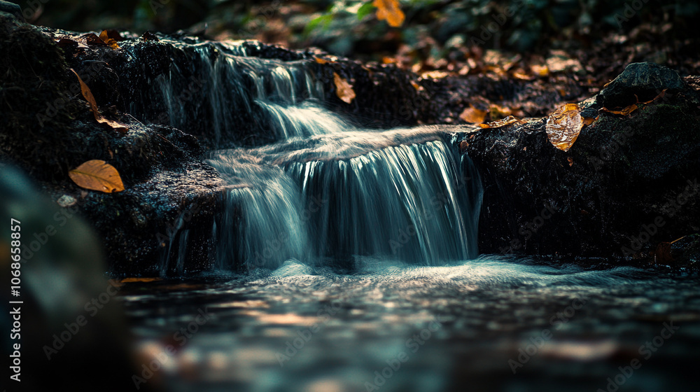 Poster a tranquil stream cascades over smooth rocks in a serene forest setting during autumn