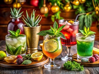 Fototapeta premium Vibrant Cannabis-Infused Cocktails: A Colorful Portrait of Creative Mixology for Wellness and Relaxation